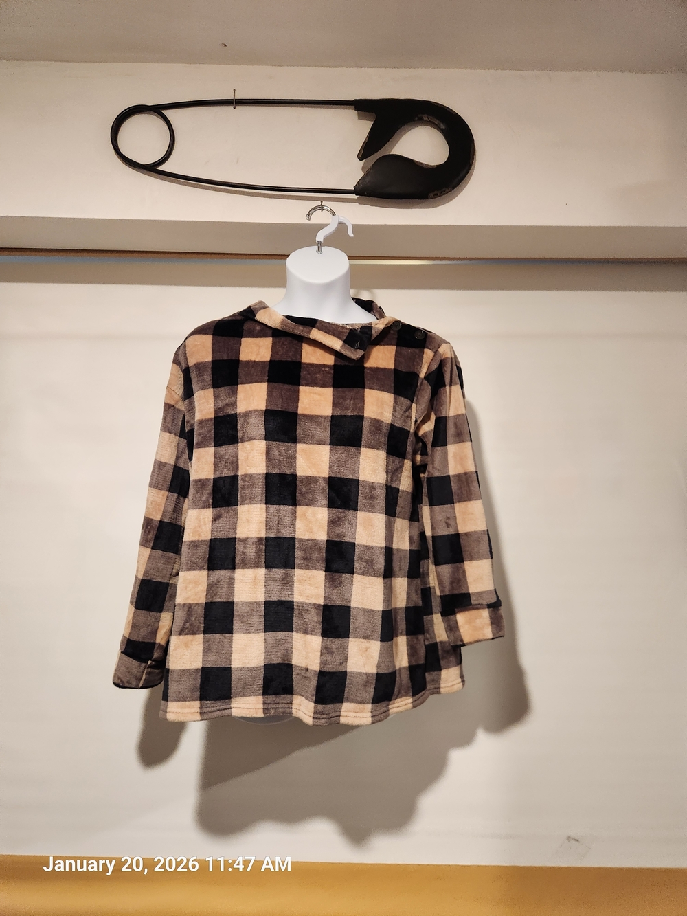 Women's Black and Beige Plaid Scoop Neck Sweater